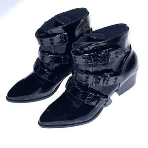 YRU Aura strapped ankle boots - BLACKOUT patent buckle booties - size 10 NWT